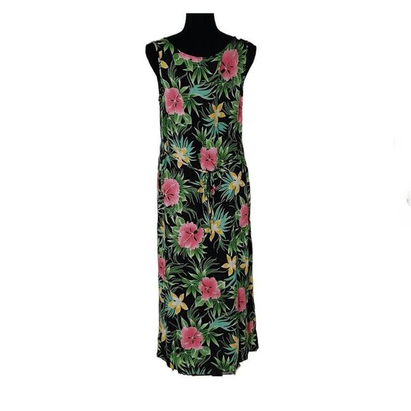 DNLA Sport Black Floral Tropical Print Vent Scoop Neck Sleeveless dress Size M - Picture 3 of 9
